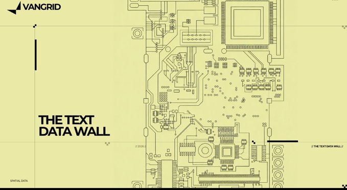 A stylized digital illustration features the Vangrid logo and the text "THE TEXT DATA WALL//" and "SPATIAL DATA," depicting an intricate circuit board pattern with microchips and electronic traces that visually represents the complex, underlying data infrastructure supporting autonomous machines. The image reinforces the post's message about Vangrid's role in building the decentralized spatial data capture network needed to fill the critical data gap beneath autonomous technology.