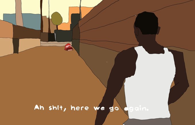 A stylized digital illustration shows a figure from behind wearing a white tank top, with the text 'Ah shit,, here we go again.' overlaid at the bottom of the scene.