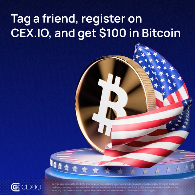 A promotional advertisement featuring a gold Bitcoin coin wrapped in an American flag on a star-spangled pedestal, with bold text reading "Tag a friend, register on CEX.IO, and get $100 in Bitcoin" — visually reinforcing the post's offer of a $100 BTC sign-up bonus for U.S. users who join the CEX.IO exchange.