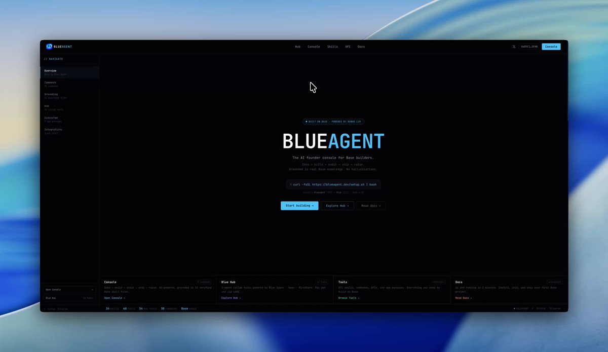 The image shows a computer screen displaying a website called "Blue Agent" with a black background, white text, and a blue header. The website appears to be an AI tool for base builders that offers various features such as audits, token signals, market-fit, launch readiness, and investor memos. It is designed to help agents perform their tasks more efficiently by providing them with valuable insights and data.
