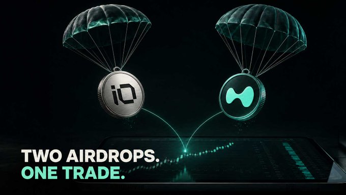 The image features two coin parachutes descending with trails toward a smartphone displaying a trading chart, representing the "TWO AIRDROPS. ONE TRADE." message. The coins represent IO and Entropy tokens, symbolizing the dual airdrop opportunity highlighted in the promotional text about Entropy's HIP-3 market deployment on Hyperliquid.