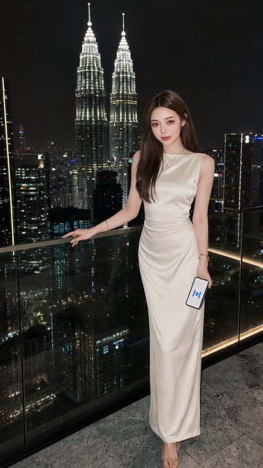 A young woman in an elegant white satin dress poses on a balcony at night with the illuminated Petronas Twin Towers visible in the background.