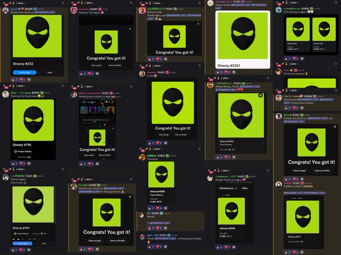 A collage of multiple Discord notifications showing 'Congrats! You got it!' with a green alien/shield icon, indicating a 'Shiesty' NFT mint.