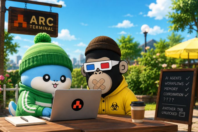 Two plush mascots—a blue seal in a green beanie and a monkey in 3D glasses—work together on a laptop displaying the "A" logo at an outdoor "ARC TERMINAL" café, with a chalkboard listing "AI AGENTS, WORKFLOWS, MEMORY, COORDINATION ✓✓✓" and "ANOTHER TAB UNLOCKED," visually representing ARC's solution to fragmented research by centralizing context and workflow continuity beyond a single chat.