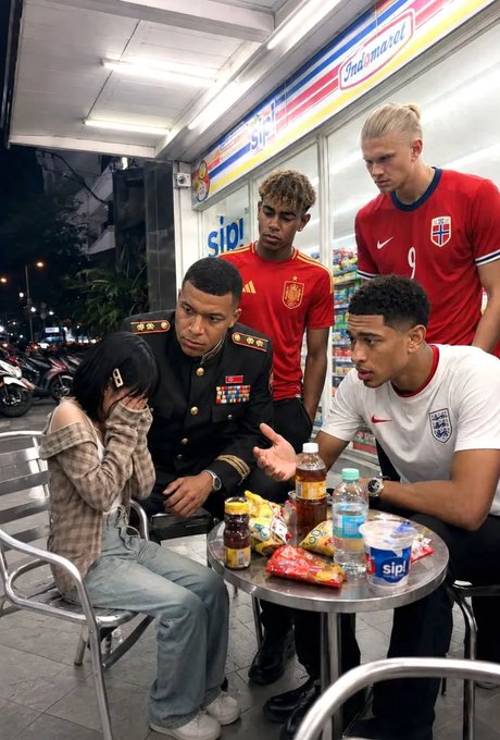 An AI-generated image showing Mbappé and Bellingham in Spain and England national team kits sitting with a man in a military uniform and a crying woman at a 'Sip! markete' convenience store at night.