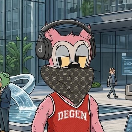 An illustration of a pink cat wearing Beats headphones, a Gucci bandana, and a red 'DEGEN' tank top standing in front of a building.