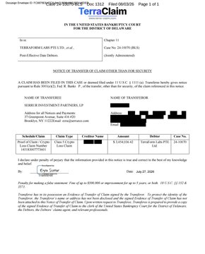 This document shows a notice of transfer for a claim filed in the United States Bankruptcy Court for the District of Delaware, listing Terraform Labs PTE LTD as the debtor.