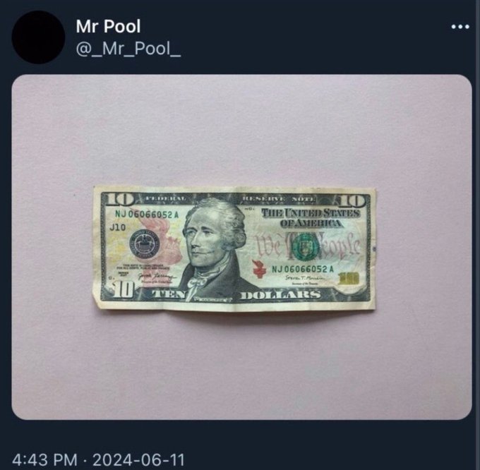A crumpled $10 US bill is posted by user "Mr Pool" (@_Mr_Pool_) at 4:43 PM on 2024-06-11, visually representing the "$10" price target mentioned in the accompanying post about XRP reaching $10.