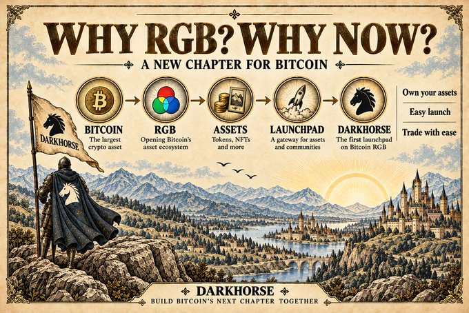 A vintage-style infographic titled 'WHY RGB? WHY NOW? - A NEW CHAPTER FOR BITCOIN' showing the progression from Bitcoin to RGB to Assets to Launchpad to Darkhorse, featuring a knight with a Darkhorse flag overlooking a fantasy landscape.