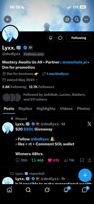 A Twitter/X profile for Lyxx (@dndlyxx) with a $20 SOL giveaway promotion, showing 2.8K following and 12.7K followers.