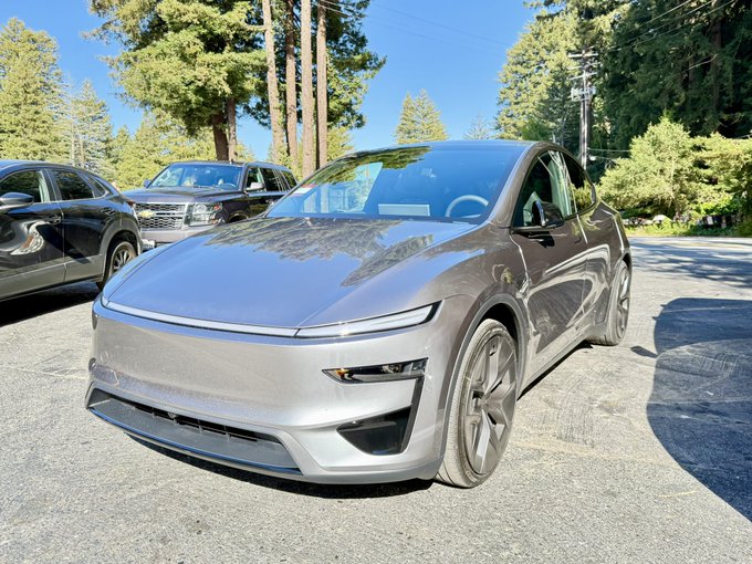 A sleek, silver Tesla Model X with distinctive falcon-wing doors is parked outdoors on a paved lot surrounded by tall trees, reflecting the poster's excitement about their new "whip" featuring Insane Mode performance capabilities.