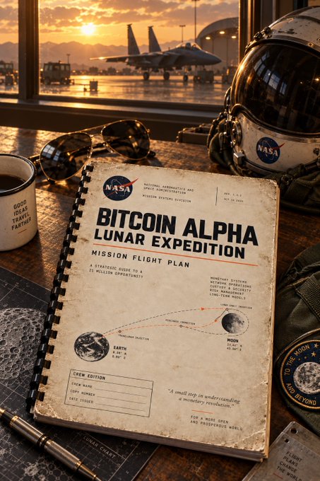 A NASA-themed graphic depicting a "BITCOIN ALPHA LUNAR EXPEDITION" mission flight plan notebook with a space helmet and sunglasses, showing Earth and Moon trajectory details.