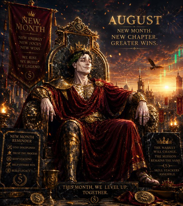 A motivational fantasy graphic titled 'AUGUST: NEW MONTH. NEW CHAPTER. GREATER WINS.' featuring a crowned king on a throne, with text reading 'THIS MONTH, WE LEVEL UP, TOGETHER,' 'NEW MONTH REMINDER: STAY DISCIPLINED, TRUST THE PROCESS, KEEP STACKING, HELP OTHERS WIN, BUILD LEGACY,' and 'THE MARKET WILL CHANGE, THE MISSION REMAINS THE SAME. SKILL STACKERS ASSEMBLE.'