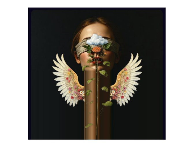 A surreal artistic portrait of a person with a blindfold from which a flower stem grows, their mouth replaced by a cylindrical vase, flanked by angel wings adorned with colorful floral patterns.