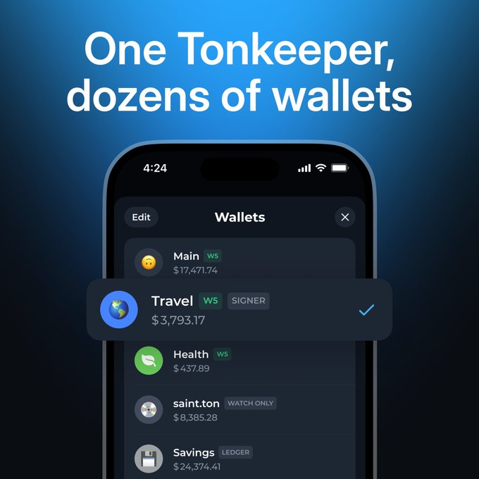 The image shows a smartphone displaying the Tonkeeper app with a "Wallets" list featuring multiple named wallets: Main ($17,471.74), Travel ($3,793.17 with "SIGNER" badge), Health ($437.89), saint.ton ($8,385.28 with "WATCH ONLY" badge), and Savings ($24,374.41 with "LEDGER" badge), under the headline "One Tonkeeper, dozens of wallets."

The visual directly illustrates the post's message by showing how users can organize separate Tonkeeper wallets for different purposes—work, travel, health, savings, etc.—each with different security settings like signer, watch-only, and Ledger integration, all managed within a single app.
