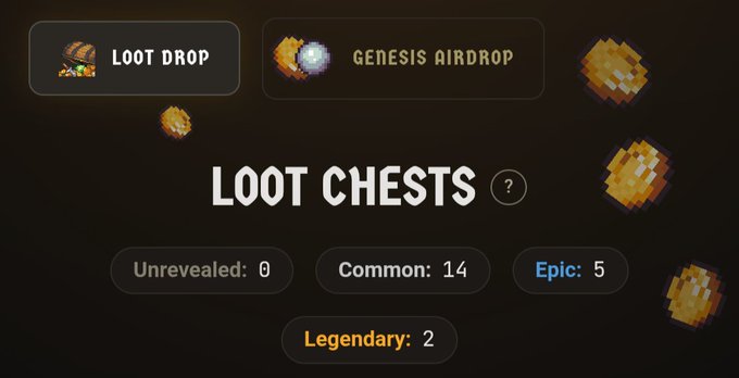 A dark-themed game or app interface showing "LOOT CHESTS" with counts for Unrevealed: 0, Common: 14, Epic: 5, and Legendary: 2, alongside buttons for "LOOT DROP" and "GENESIS AIRDROP."