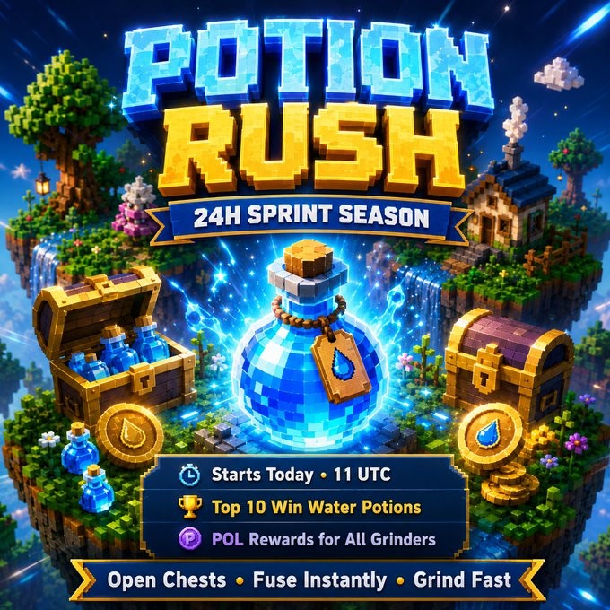 Promotional banner for "Potion Rush: 24H Sprint Season," featuring a glowing blue potion, treasure chests, and gold coins in a Minecraft-style pixel art landscape, advertising an event starting today at 11 UTC where top 10 players can win exclusive Water Potions and all participants earn POL rewards.