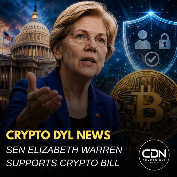 A digital news graphic features Senator Elizabeth Warren gesturing in front of the U.S. Capitol, alongside a security shield icon and a Bitcoin coin against a blue tech-themed backdrop, with the headline "CRYPTO DYL NEWS: SEN ELIZABETH WARREN SUPPORTS CRYPTO BILL" and a CDN logo, visually reinforcing the post about her support for new cryptocurrency legislation.