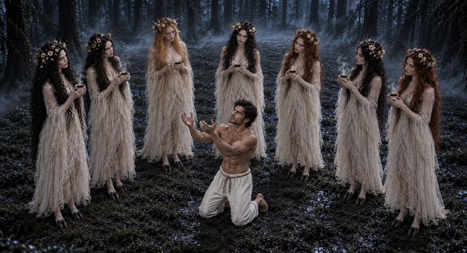 A man kneeling on the ground in a misty forest, surrounded by six women in flowing white dresses with flower crowns, who appear to be holding bowls and watching him.