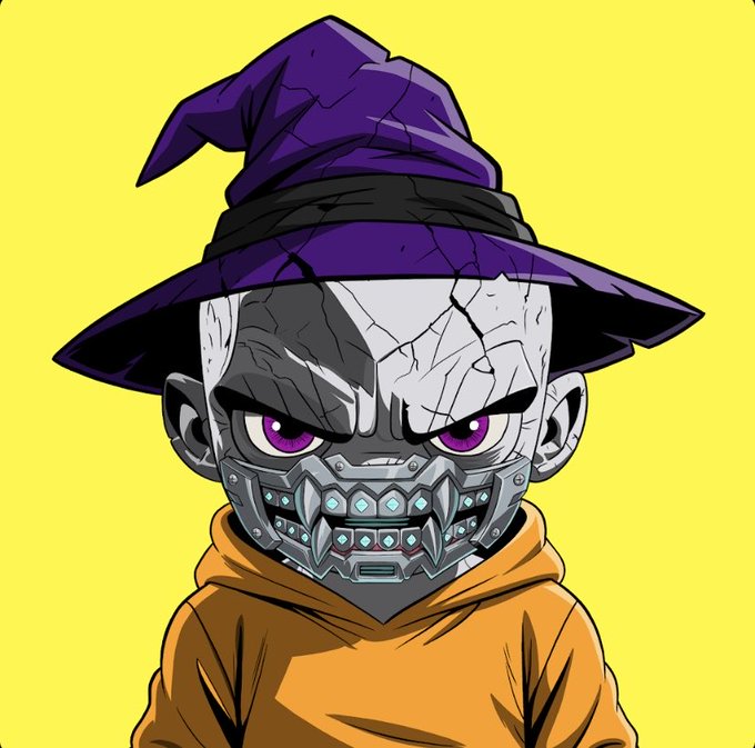 A cartoon illustration of a grey-skinned character with glowing purple eyes, wearing a purple witch hat and an orange hoodie against a yellow background.