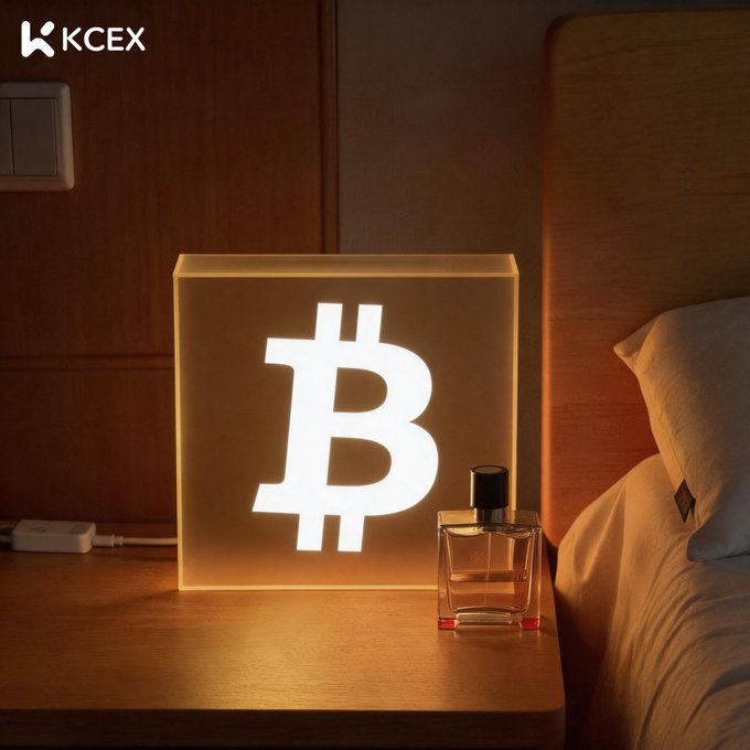 A glowing Bitcoin logo lamp sits on a bedside table next to a perfume bottle and bed, with the 'KCEX' logo in the upper left corner.