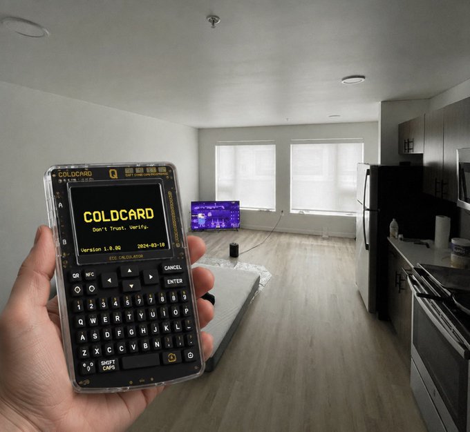 A hand holds a COLDCARD hardware crypto wallet displaying 'Don't Trust. Verify.' and version 1.0.0Q, dated 2024-03-10, inside an apartment with a kitchen and TV visible in the background.