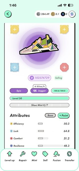 A mobile app interface for a 'Jogger' NFT shoe shows a price of 10,257,4729, a level of 30, and attributes including Efficiency (50.2), Luck (64.8), Comfort (51.2), and Resilience (48.3).