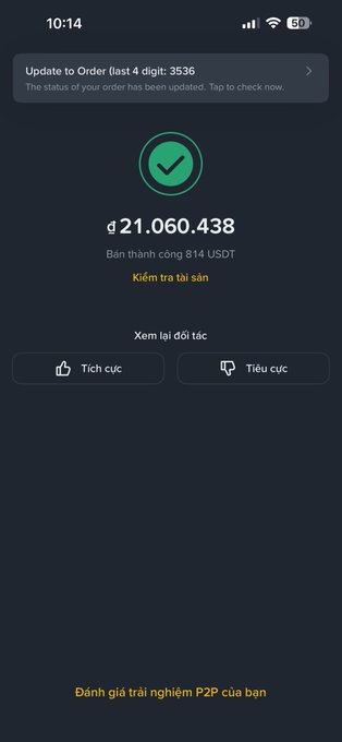 A mobile app screenshot in Vietnamese showing a successful P2P transaction confirmation with '21.060.438' USDT and an order update notification for the last 4 digits: 3536.