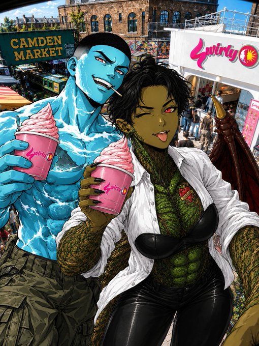 A comic book-style illustration depicts a blue-skinned man and a green-skinned winged demoness holding pink Swirly ice cream cups in front of Camden Market.