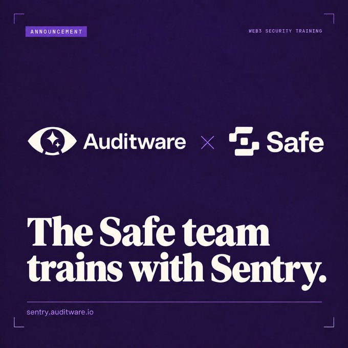 The image is an announcement graphic for Auditware's Web3 Security Training partnership with Safe, featuring their logos alongside the headline "The Safe team trains with Sentry" and the URL sentry.auditware.io. It visually reinforces the post by highlighting how Safe—a platform powering 60M+ crypto wallet accounts—is leveraging Auditware's Sentry training modules to educate its team on phishing, wallet drainers, and malicious approvals.