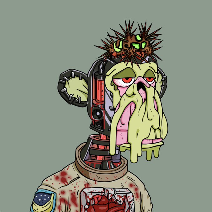 In this cartoon graphic, there is a person wearing a white t-shirt with blood stains and a robot mask with spiky eyes. The text accompanying the image reads, "February of 2022 I got my first mayc February of 2022 I got my first BAYC From Feb ... In that time span I owned over 200 apes... maybe 300, lost track... I was an active trader, one of the". This image seems to be a graphic representation of a robot or a machine wearing a face mask. The post appears to be related to a story about the person who owns these unique and potentially dangerous creatures.