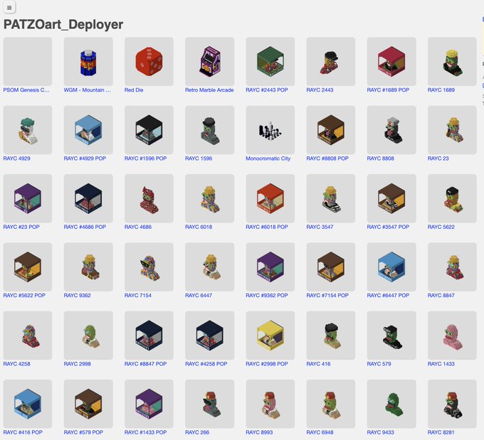 A digital gallery titled 'PATZOart_Deployer' displays a grid of NFT artwork thumbnails including collections like 'PSOM Genesis C...', 'WGM - Mountain...', 'Red Die', 'Retro Marble Arcade', 'Monochromatic City', and various 'RAYC' numbered pieces.