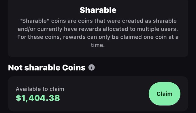 A digital interface displays a "Sharable" coin section explaining that rewards can only be claimed one coin at a time, alongside a "Not sharable Coins" section showing $1,404.38 available to claim with a green "Claim" button—likely a screenshot shared in the context of the post's request for wallet addresses.