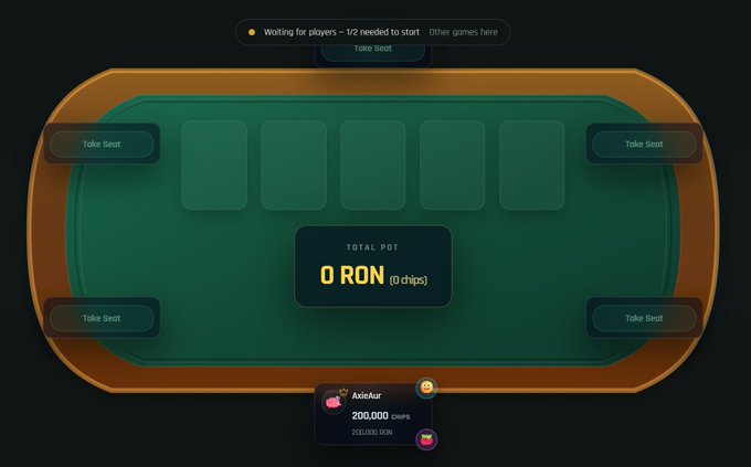 Online poker/gambling table interface with green felt, showing "Waiting for players - 1/2 needed to start" with empty seats and a "TOTAL POT" of "0 RON (0 chips)." Player "AxieAur" has 200,000 chips.
