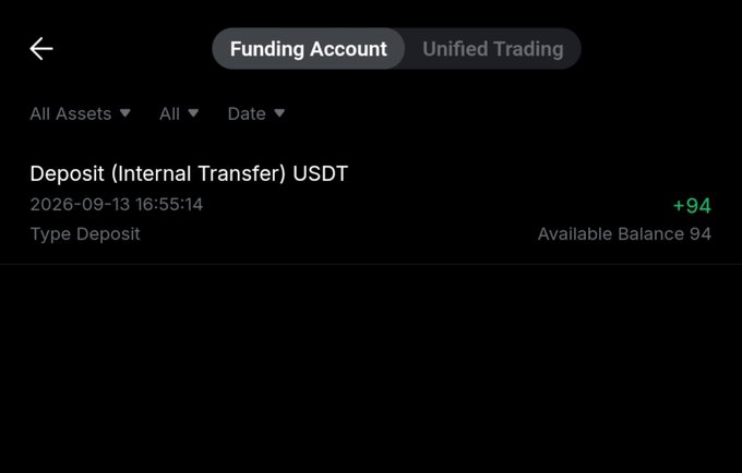 A dark-themed financial app screen showing a 'Funding Account' tab with a 'Deposit (Internal Transfer) USDT' record dated 2026-09-13 16:55:14 for +94 USDT.