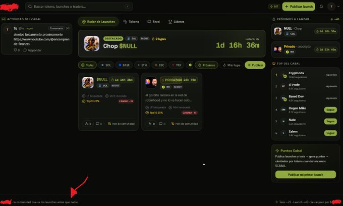 The image shows a cryptocurrency launch platform (likely $CABAL) featuring "Chop $NULL" as a highlighted memecoin launch with a countdown of 1d 16h 36m, displaying top traders like Cryptonite, El Profe, and Bond Grov alongside trading posts about $NULL and $PRIVASI tokens—visually representing the memecoin tracking and trading ecosystem discussed in the post about simplifying memecoin purchases across networks and following top traders.