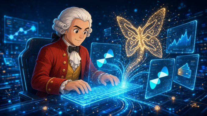 An anime-style illustration of a young man with a powdered wig and red coat, sitting at a glowing blue holographic laptop displaying charts and a golden butterfly, with various data screens surrounding the scene.
