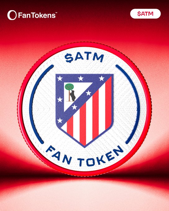 An Atlético Madrid ($ATM) Fan Token coin graphic displayed on a red background, showing the club's crest with 'FanTokens' branding in the upper corners.