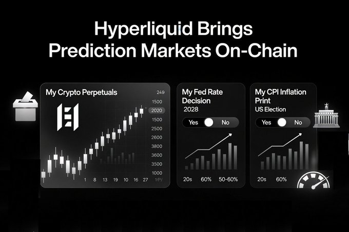 The image features a black background with white text that reads "Hyper Liquid brings Prediction Markets On-chain My Fed Rate Decision 2038 US Election". The text is positioned above an infographic of a graph, which displays various data points related to cryptocurrency trading and market trends. The infographic also includes a clock showing the time as 12:00 PM.
