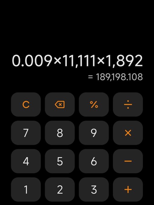 An iPhone calculator screen showing the calculation '0.009 × 11,111 × 1,892 = 189,198.108' on a dark background.