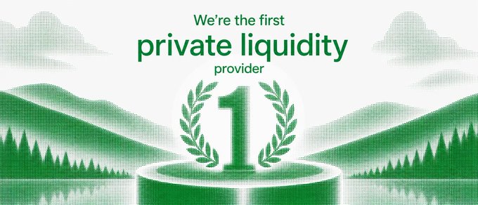 A green halftone landscape graphic reads 'We're the first private liquidity provider' above a laurel-wreathed number '1' on a podium.