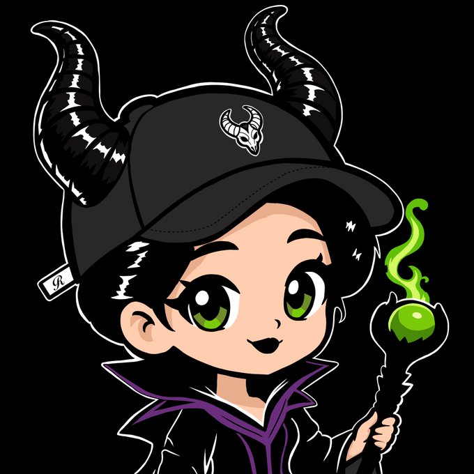 A chibi-style cartoon character with black and white striped horns, wearing a black cap with a goat skull logo and a dark robe, holding a staff topped with a glowing green orb.