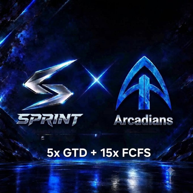 A promotional graphic announcing 5 GTD and 15 FCFS whitelist spots for the Arcadians NFT giveaway to the Sprint DAO community, featuring the Sprint and Arcadians logos set against a dark, cosmic blue background.