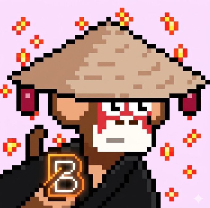 A pixel art illustration of a character wearing a large straw hat, with a bandana covering their mouth and a beard, standing against a pink background with red flower decorations.