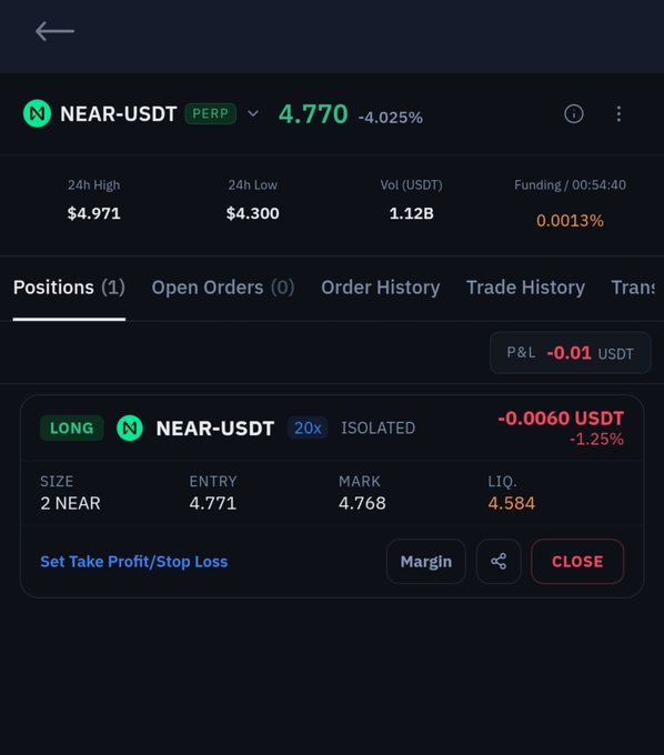A cryptocurrency trading interface showing an active long position on the NEAR-USDT perpetual pair at an entry price of 4.771, currently down by -1.25% with an unrealized P&L of -0.0060 USDT.