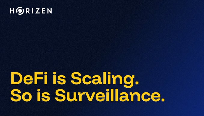 The image displays the Horizen logo in the top-left corner on a dark navy background, with bold yellow text reading "DeFi is Scaling. So is Surveillance." The stark warning about growing surveillance in decentralized finance aligns with the post's message about privacy requiring infrastructure, positioning Horizen as a privacy-focused solution.