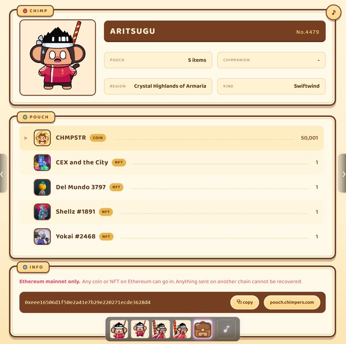 A digital profile for a character named 'ARITSUGU' (#4479) from the Chimpers NFT collection, showing pouch contents including 50,001 CHMPSTR coins and various NFTs like 'CEx and the City', 'Del Mundo 3797', 'Shellz #1891', and 'Yokai #2468', with an Ethereum wallet address.
