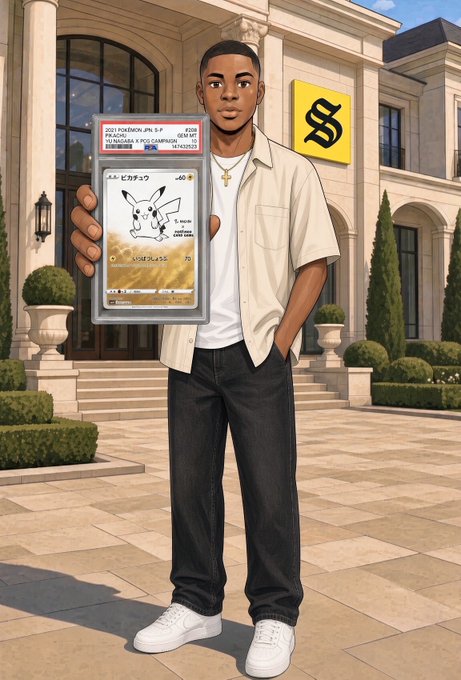 A digital illustration depicts a young Black man in a beige shirt and jeans holding a graded Pokémon card featuring Pikachu in front of a building with a yellow logo.