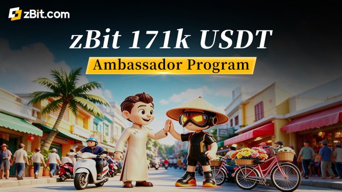 The promotional graphic for zBit.com's new Ambassador Program showcases two animated cartoon characters—one in a traditional white tunic and another wearing a conical hat and futuristic VR goggles—high-fiving on a vibrant, palm-lined street scene with a pink bicycle and market stalls, while bold text highlights the "171k USDT Ambassador Fund" and the zBit.com logo, visually reinforcing the post's announcement of a $171,000 fund to support KOLs, content creators, and community builders in the Web3 space.