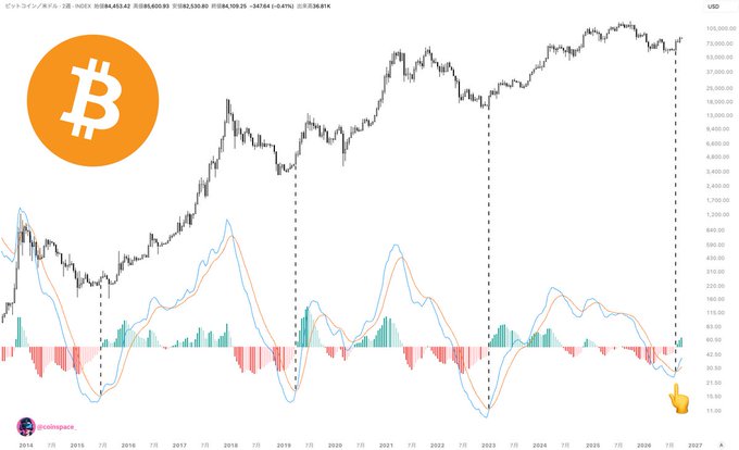 A long-term Bitcoin price chart from 'coinhacks' showing the BTC/USD price history from 2014 to 2026, with technical indicators displayed below the candlestick chart.